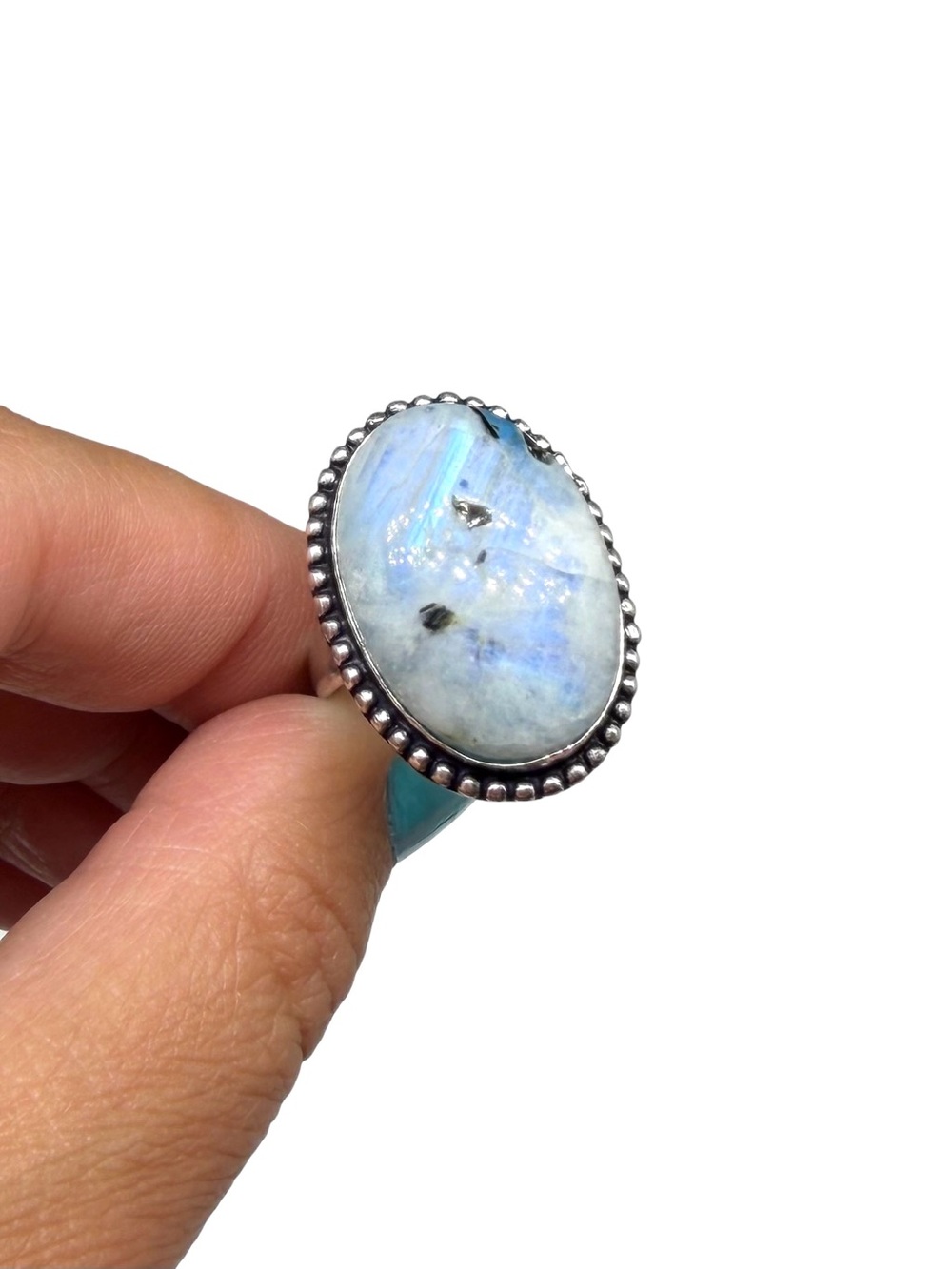 Blue Flash Rainbow Moonstone Ring Size 9 925 Sterling Silver Overlay Oval Stone - Picture 8 of 11